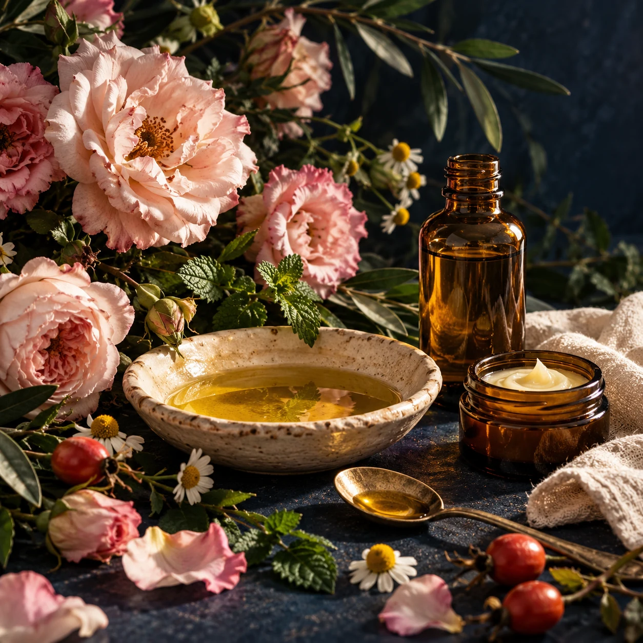Blush roses, golden botanical oils, and handmade creams on midnight-blue linen